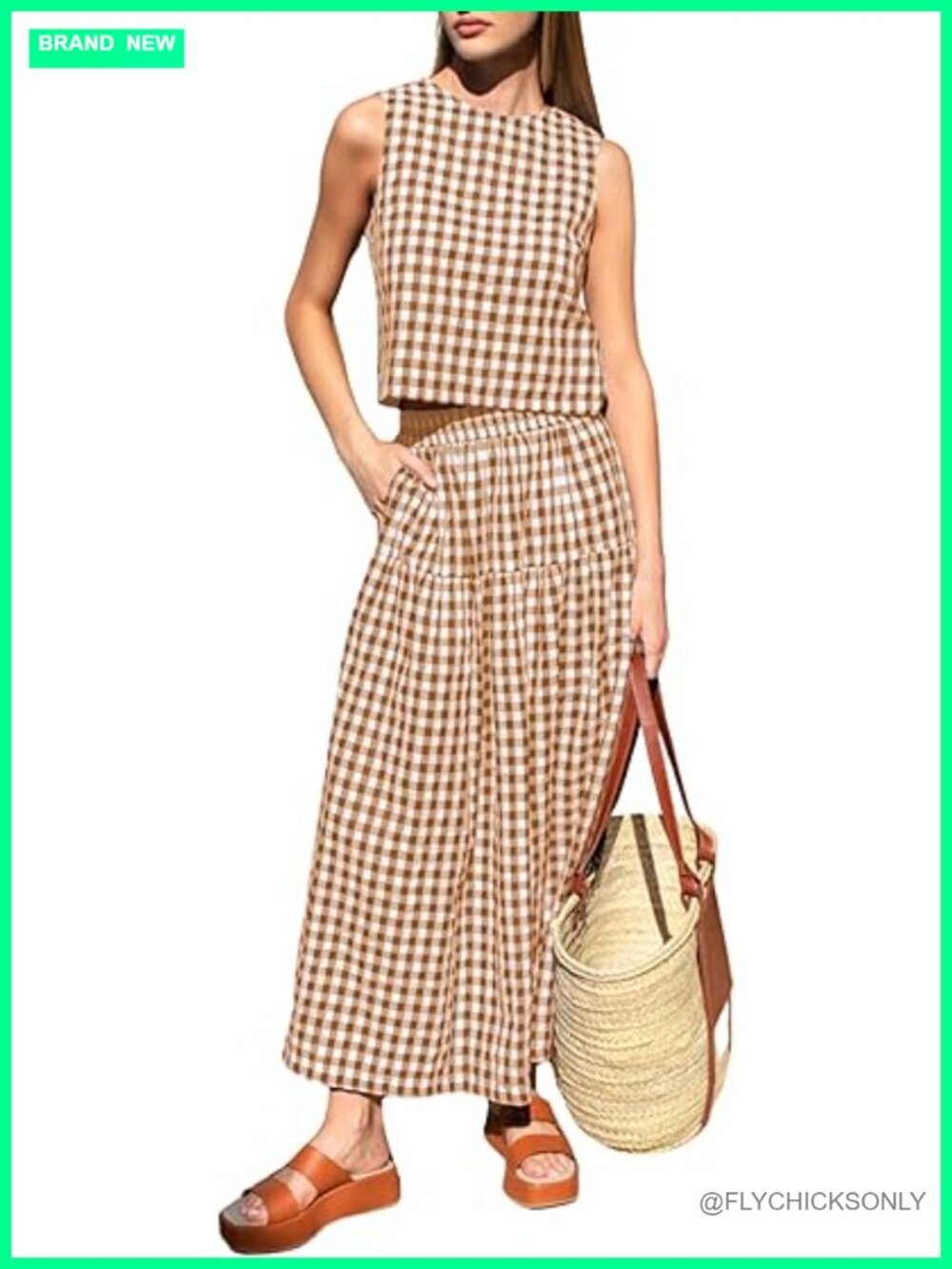 Womens Gingham 2 Piece Outfit Sleeveless Crop Top High Waisted Tiered Skirt Set